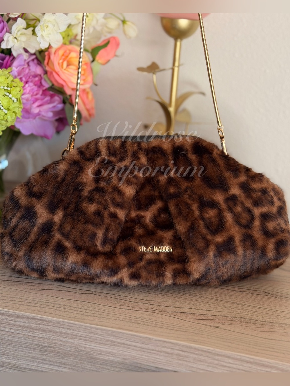 Steve Madden Faux Fur Leopard Print Clutch Crossbody Bag